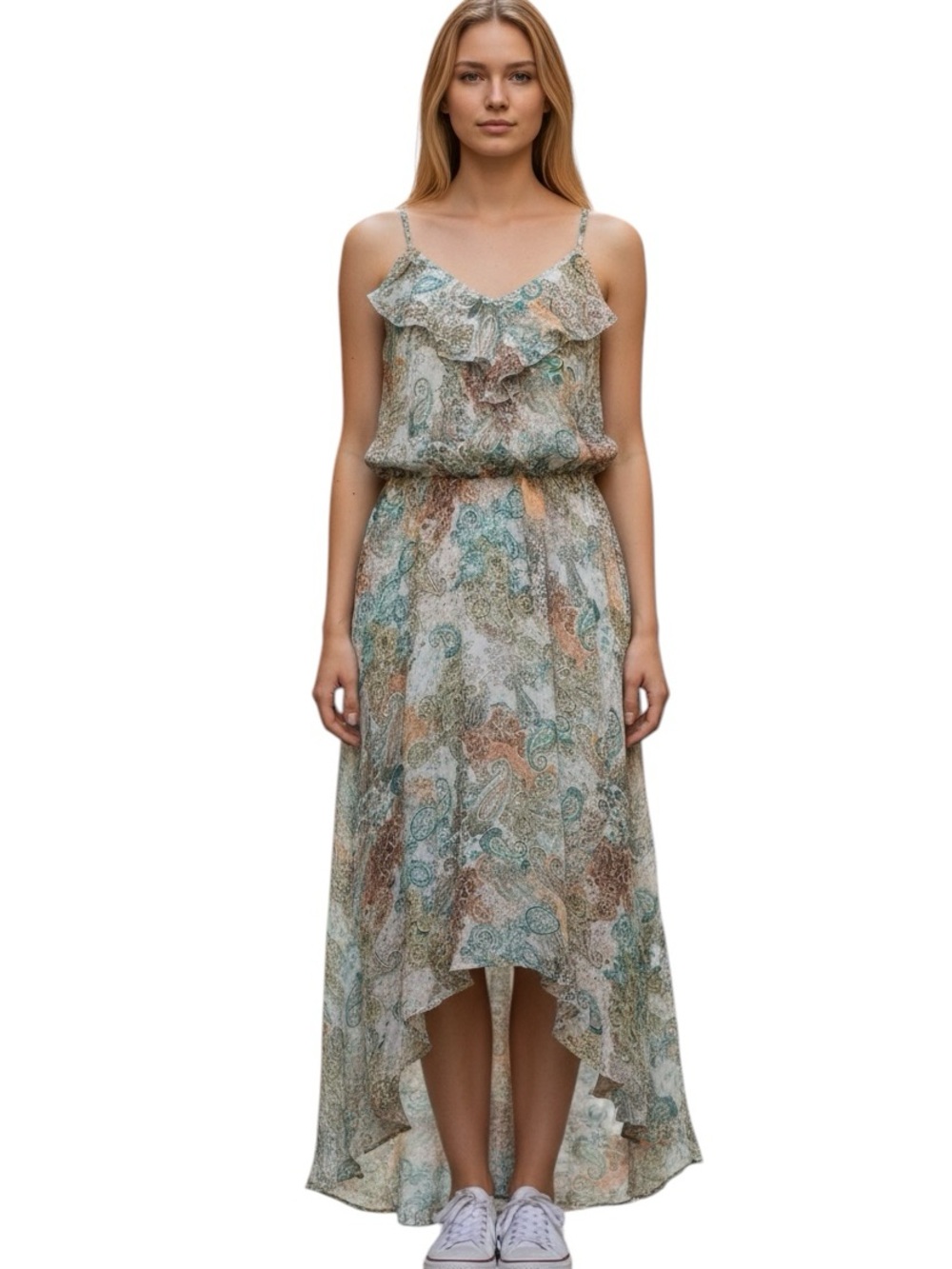 Lavender Brown Wedding Guest Paisley Ruffle High-Low Maxi Dress Teal Taupe S